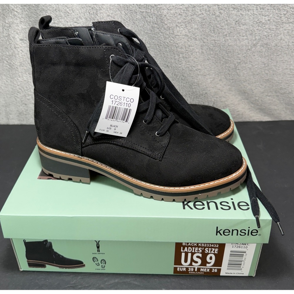 Kensie Kasha Combat Boots Women Size 9 Black Faux Suede Side Zip Lug KS233432
